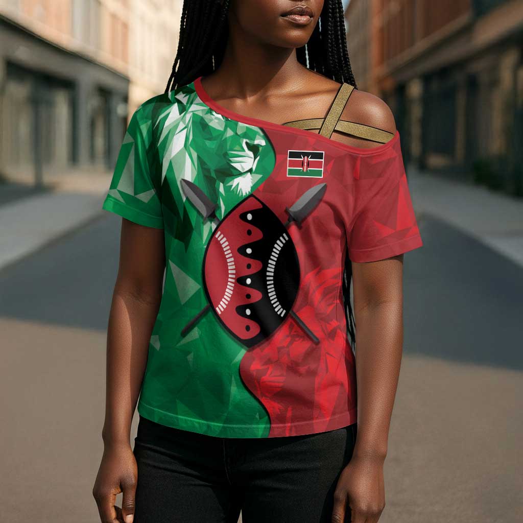 Personalized Kenya Maasai Shield Cross Shoulder Shirt Green Red Kenyan Lion Half Style