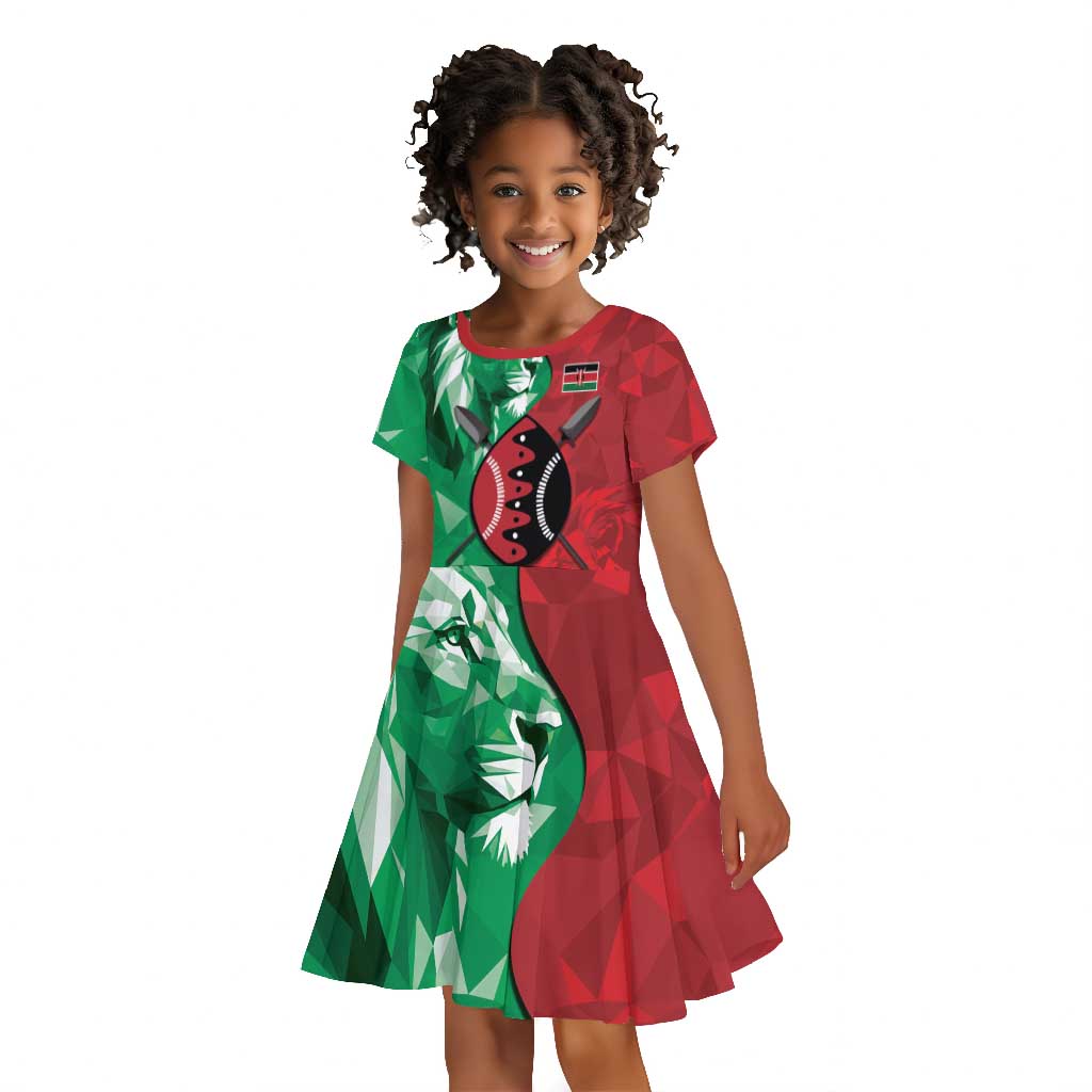 Personalized Kenya Maasai Shield Kid Short Sleeve Dress Green Red Kenyan Lion Half Style - African Pride