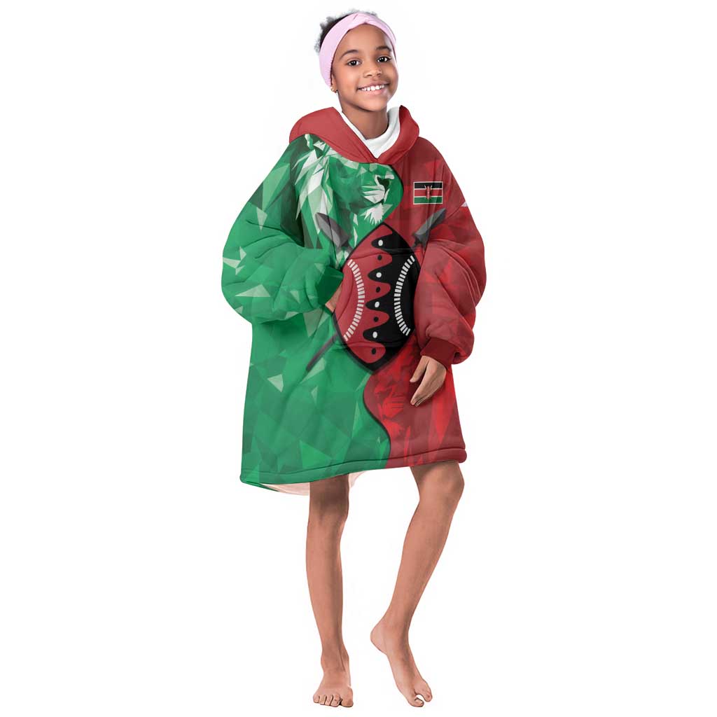 Personalized Kenya Maasai Shield Kid Wearable Blanket Hoodie Green Red Kenyan Lion Half Style - African Pride