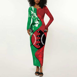 Personalized Kenya Maasai Shield Long Sleeve Bodycon Dress Green Red Kenyan Lion Half Style - African Pride