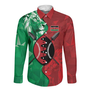 Personalized Kenya Maasai Shield Long Sleeve Button Shirt Green Red Kenyan Lion Half Style - African Pride