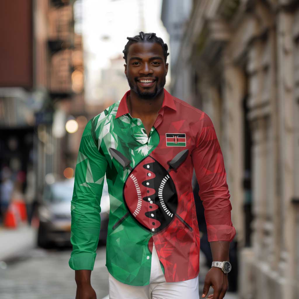 Personalized Kenya Maasai Shield Long Sleeve Button Shirt Green Red Kenyan Lion Half Style - African Pride