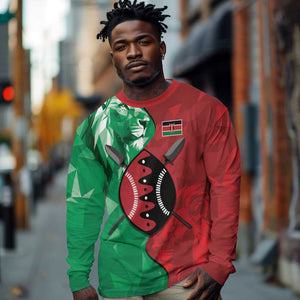 Personalized Kenya Maasai Shield Long Sleeve Shirt Green Red Kenyan Lion Half Style - African Pride