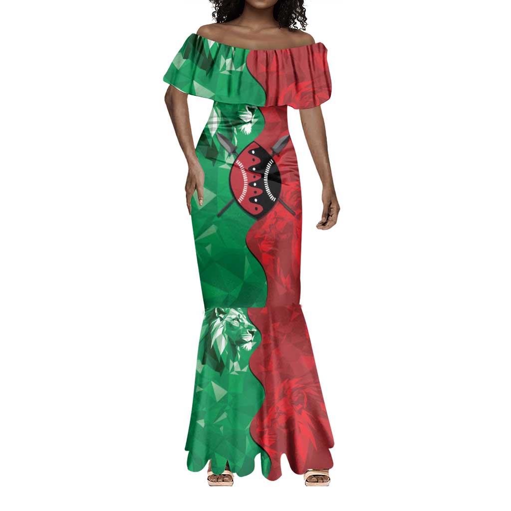 Personalized Kenya Maasai Shield Mermaid Dress Green Red Kenyan Lion Half Style - African Pride