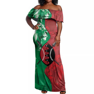 Personalized Kenya Maasai Shield Off Shoulder Maxi Dress Green Red Kenyan Lion Half Style - African Pride