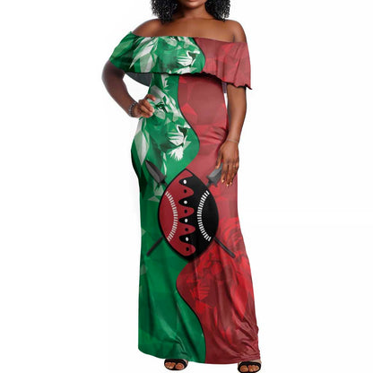 Personalized Kenya Maasai Shield Off Shoulder Maxi Dress Green Red Kenyan Lion Half Style - African Pride