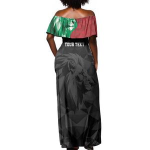 Personalized Kenya Maasai Shield Off Shoulder Maxi Dress Green Red Kenyan Lion Half Style - African Pride