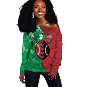 Personalized Kenya Maasai Shield Off Shoulder Sweater Green Red Kenyan Lion Half Style - African Pride