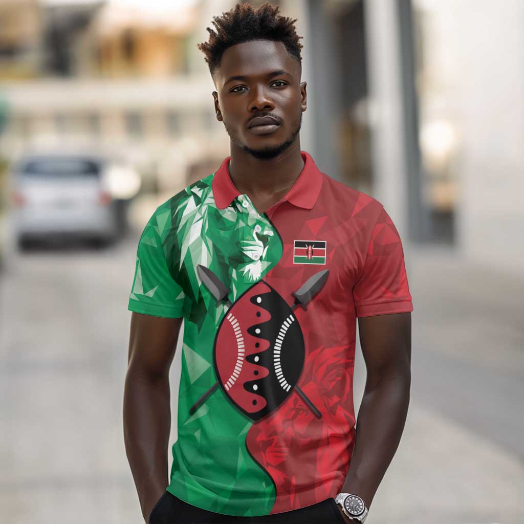 Personalized Kenya Maasai Shield Polo Shirt Green Red Kenyan Lion Half Style - African Pride