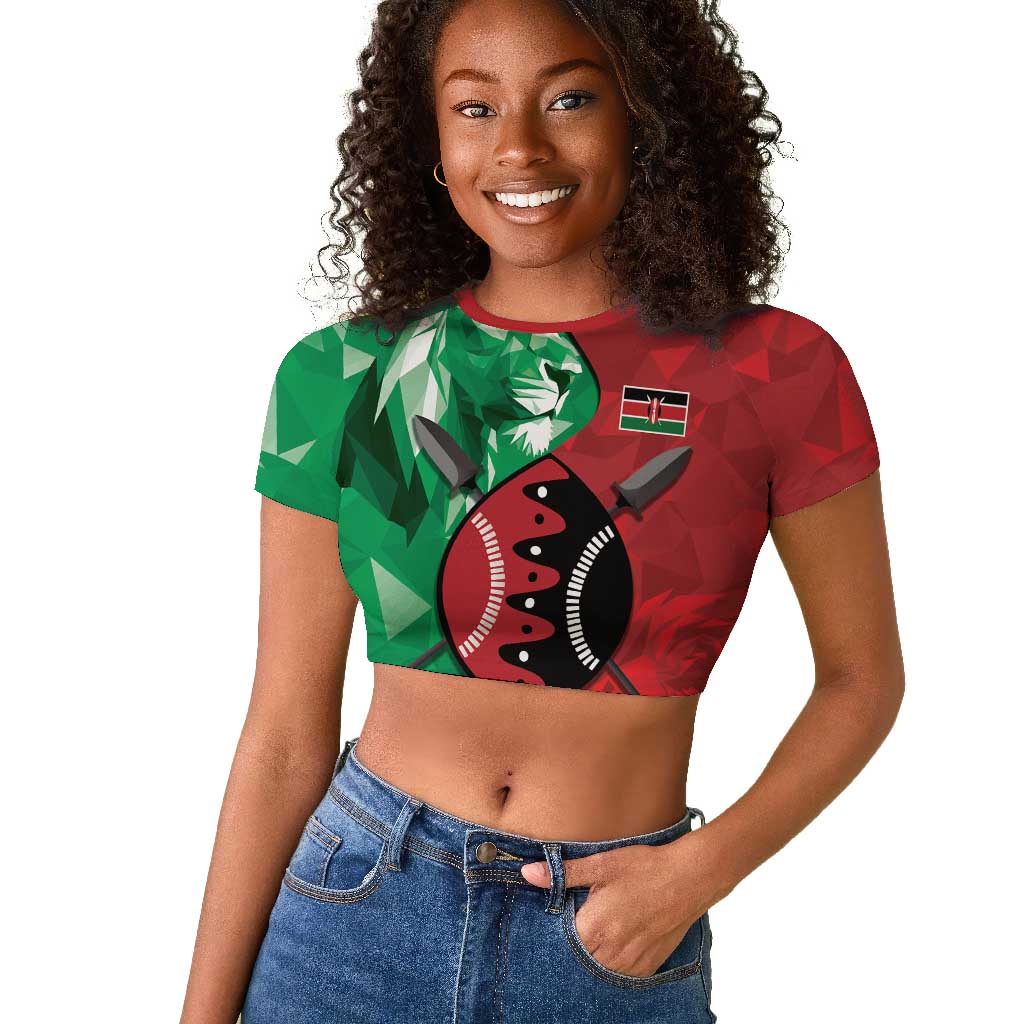 Personalized Kenya Maasai Shield Raglan Cropped T shirt Green Red Kenyan Lion Half Style - African Pride