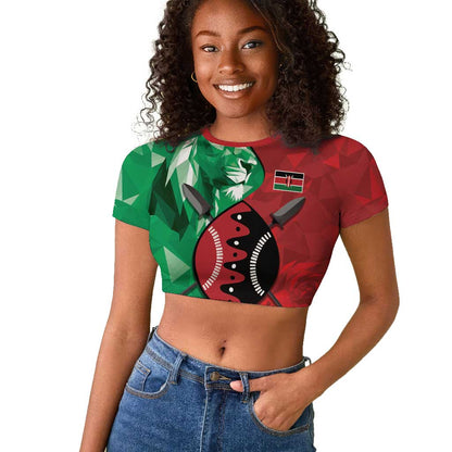 Personalized Kenya Maasai Shield Raglan Cropped T shirt Green Red Kenyan Lion Half Style - African Pride