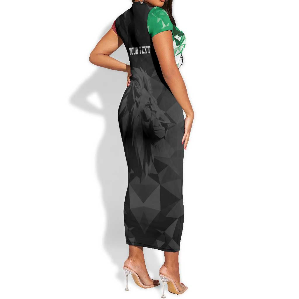 Personalized Kenya Maasai Shield Short Sleeve Bodycon Dress Green Red Kenyan Lion Half Style - African Pride