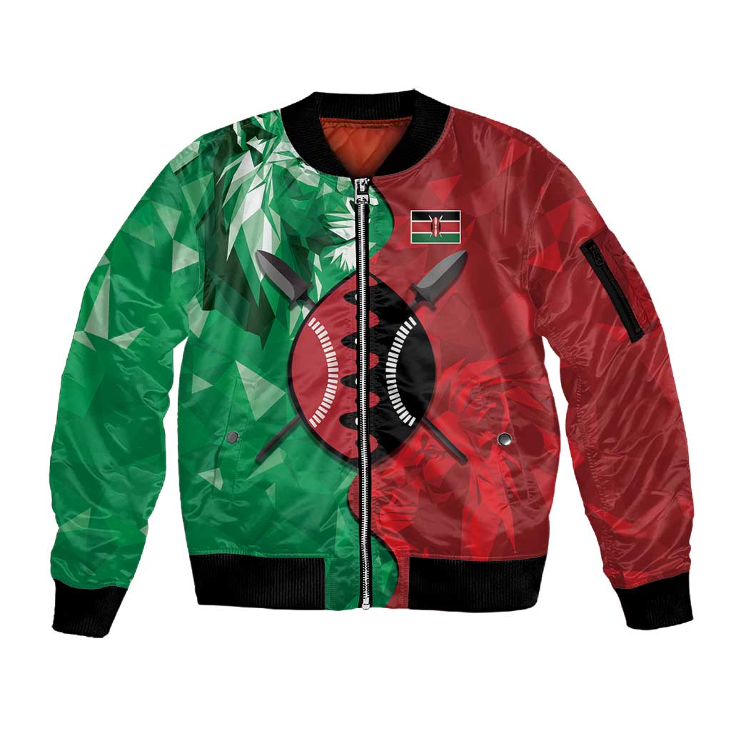 Personalized Kenya Maasai Shield Sleeve Zip Bomber Jacket Green Red Kenyan Lion Half Style - African Pride