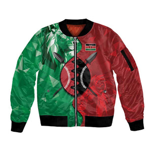 Personalized Kenya Maasai Shield Sleeve Zip Bomber Jacket Green Red Kenyan Lion Half Style - African Pride