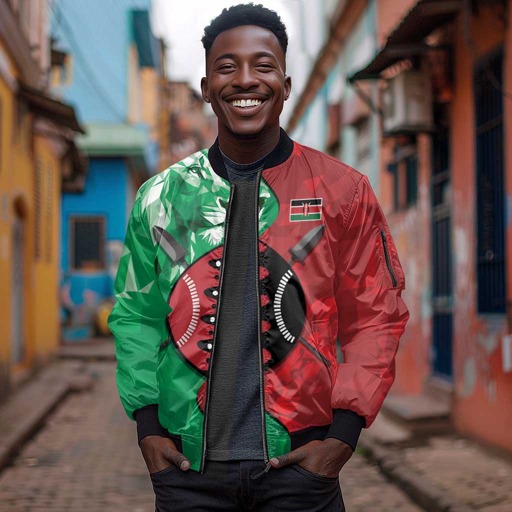 Personalized Kenya Maasai Shield Sleeve Zip Bomber Jacket Green Red Kenyan Lion Half Style - African Pride
