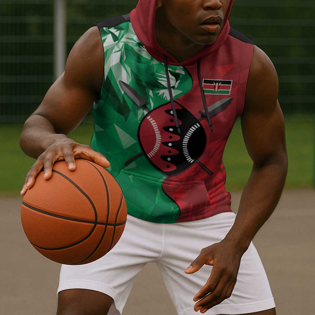 Personalized Kenya Maasai Shield Sleeveless Hoodie Green Red Kenyan Lion Half Style - African Pride