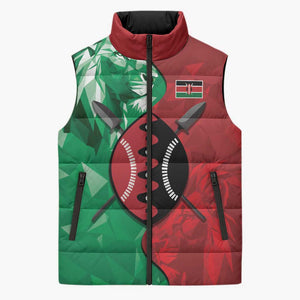 Personalized Kenya Maasai Shield Sleeveless Puffer Jacket Green Red Kenyan Lion Half Style