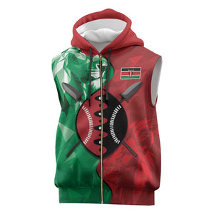 Personalized Kenya Maasai Shield Sleeveless Zip Hoodie Green Red Kenyan Lion Half Style - African Pride