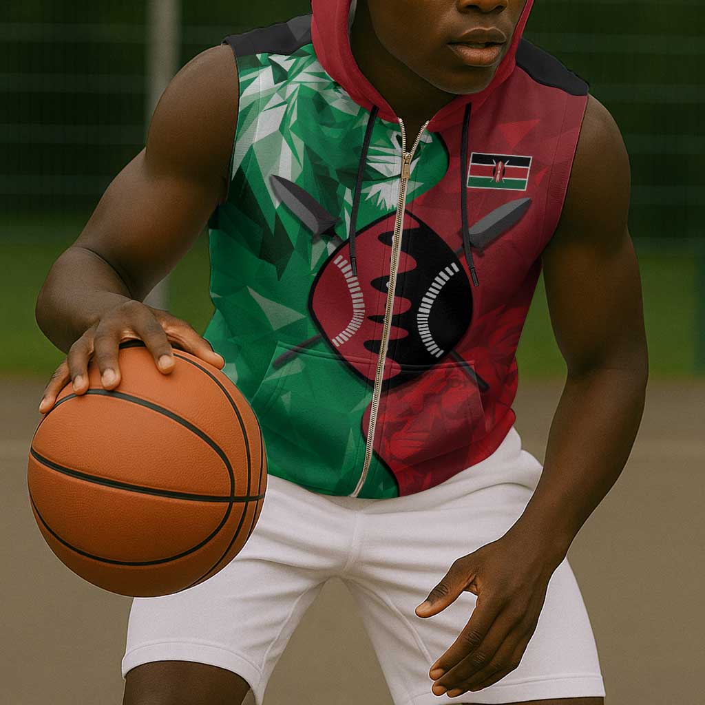 Personalized Kenya Maasai Shield Sleeveless Zip Hoodie Green Red Kenyan Lion Half Style - African Pride
