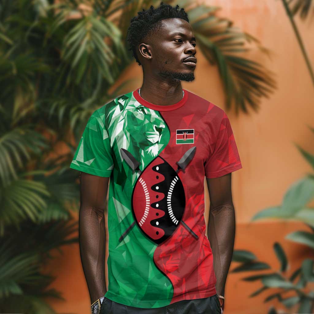 Personalized Kenya Maasai Shield T shirt Green Red Kenyan Lion Half Style - African Pride