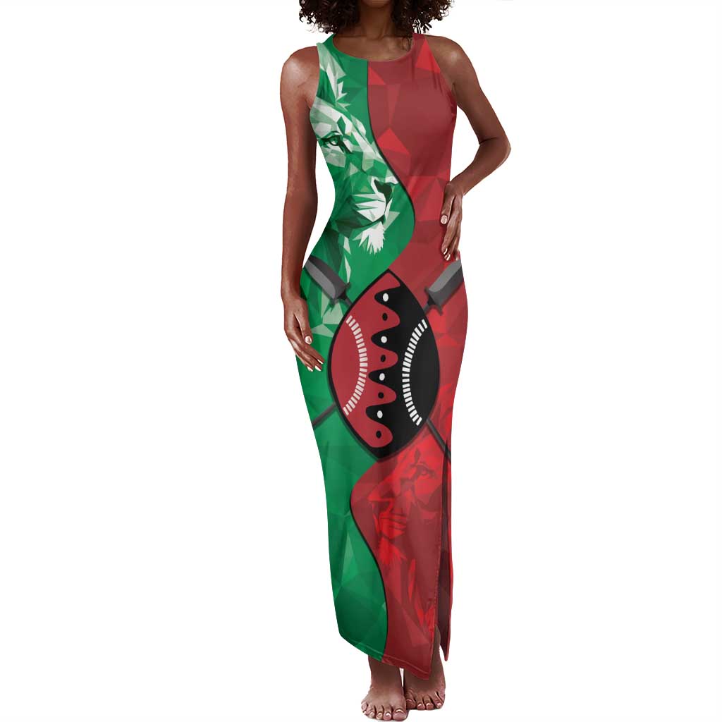 Personalized Kenya Maasai Shield Tank Maxi Dress Green Red Kenyan Lion Half Style - African Pride