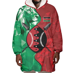 Personalized Kenya Maasai Shield Wearable Blanket Hoodie Green Red Kenyan Lion Half Style - African Pride
