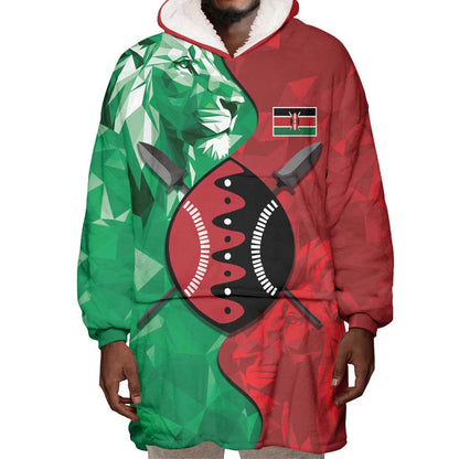 Personalized Kenya Maasai Shield Wearable Blanket Hoodie Green Red Kenyan Lion Half Style - African Pride