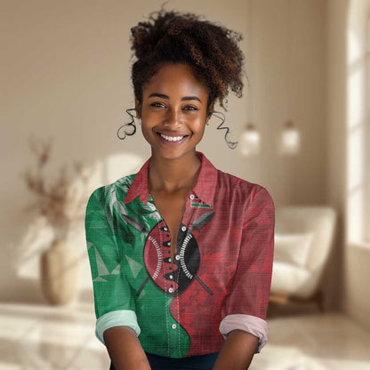 Personalized Kenya Maasai Shield Women Casual Shirt Green Red Kenyan Lion Half Style - African Pride