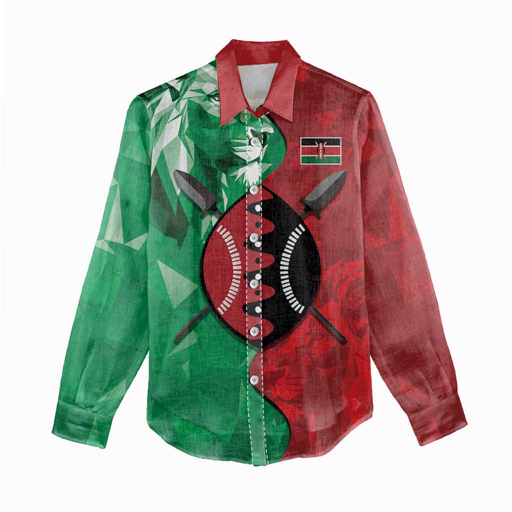 Personalized Kenya Maasai Shield Women Casual Shirt Green Red Kenyan Lion Half Style - African Pride