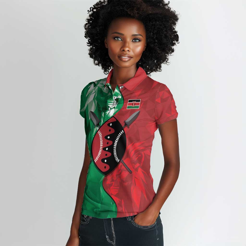 Personalized Kenya Maasai Shield Women Polo Shirt Green Red Kenyan Lion Half Style - African Pride