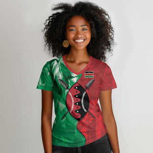 Personalized Kenya Maasai Shield Women V-Neck T-Shirt Green Red Kenyan Lion Half Style - African Pride
