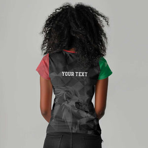 Personalized Kenya Maasai Shield Women V-Neck T-Shirt Green Red Kenyan Lion Half Style - African Pride