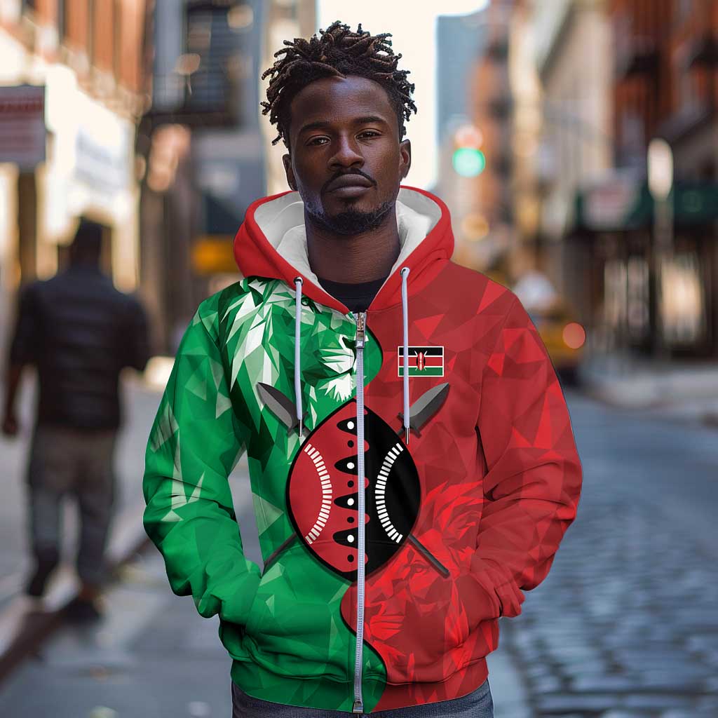 Personalized Kenya Maasai Shield Zip Hoodie Green Red Kenyan Lion Half Style - African Pride