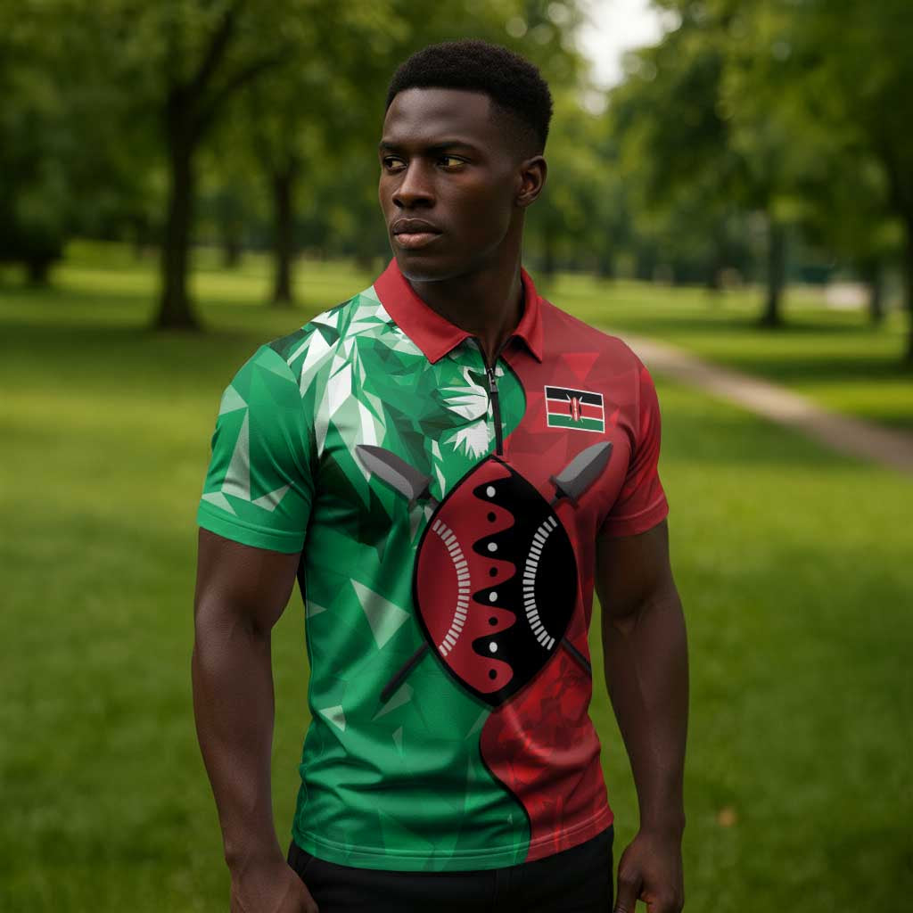 Personalized Kenya Maasai Shield Zipper Polo Shirt Green Red Kenyan Lion Half Style