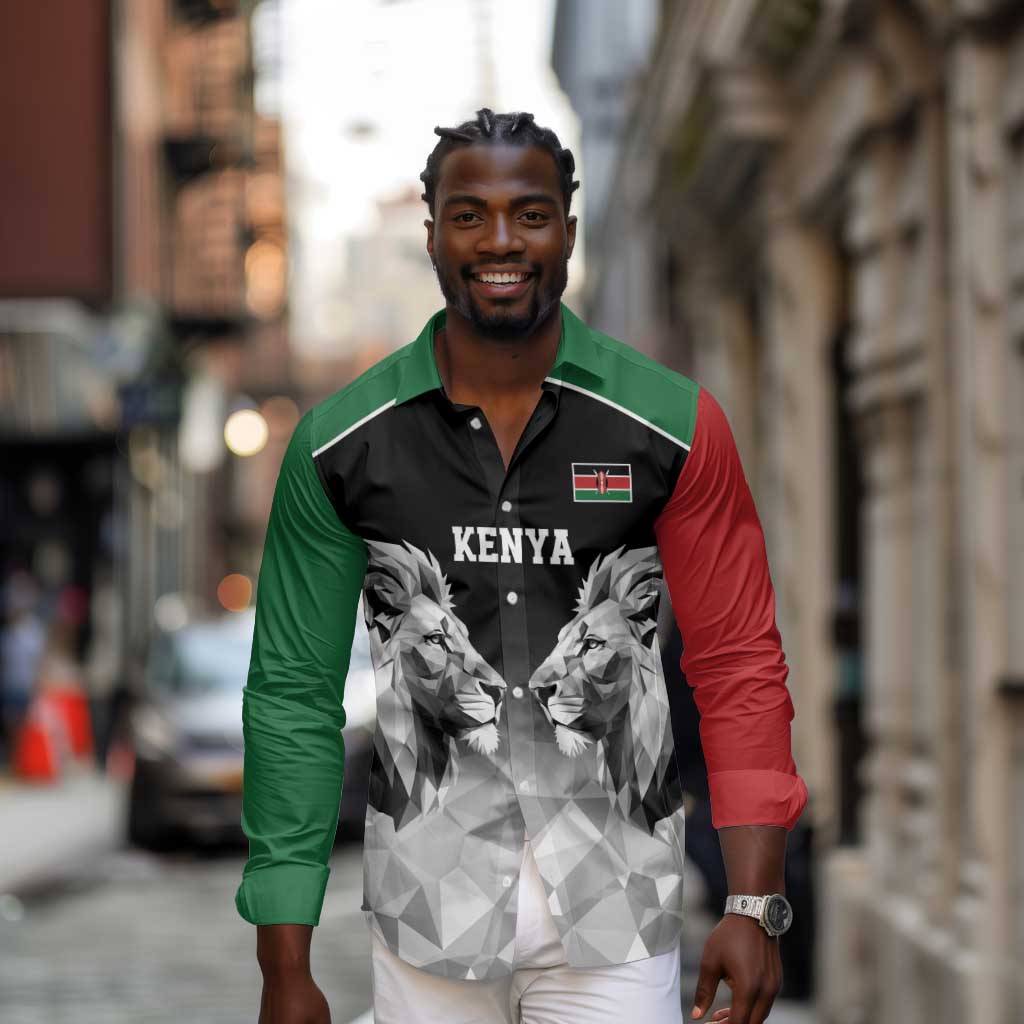 Custom Rugby Africa Kenya Long Sleeve Button Shirt Black Kenyan 22-23 Motif - African Pride
