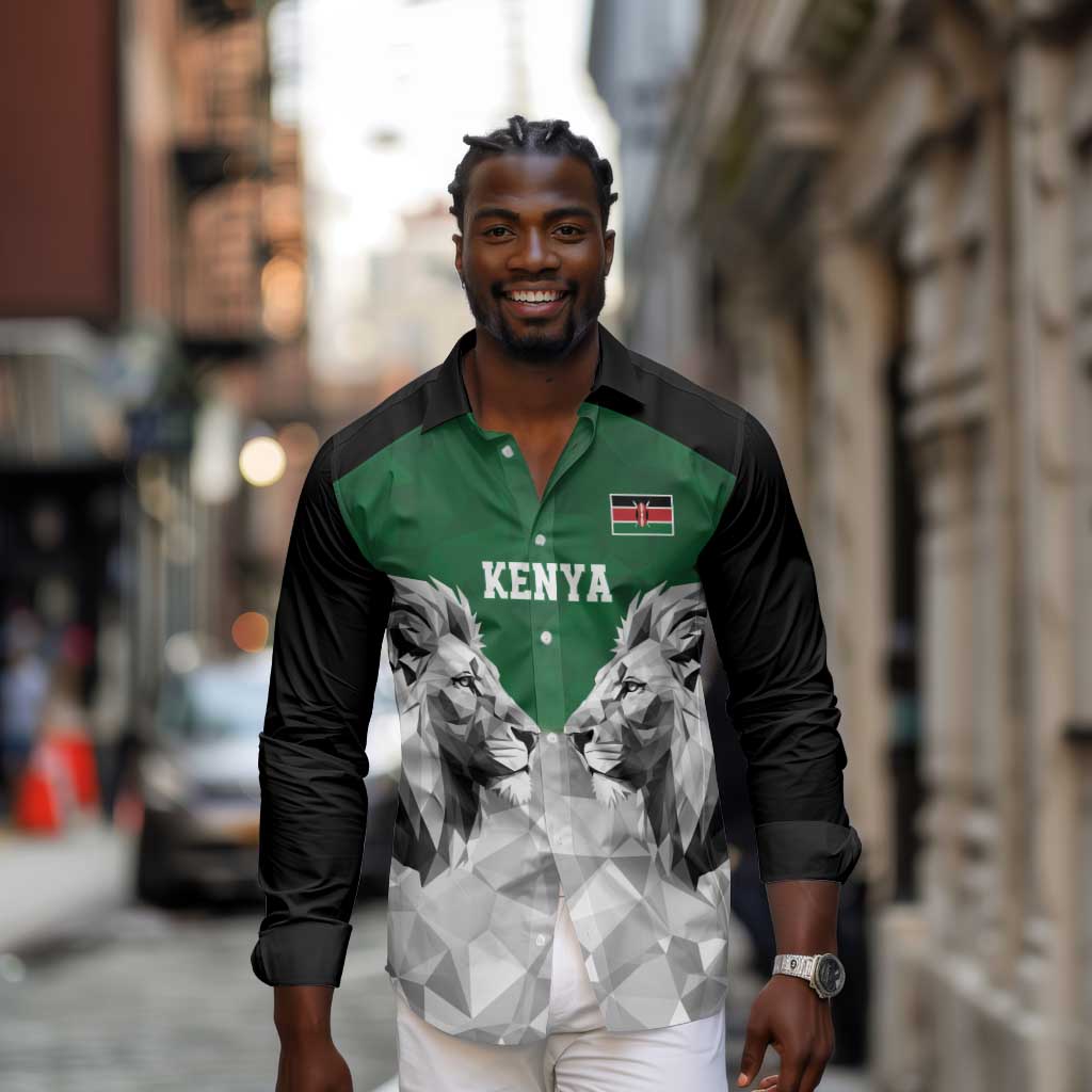 Custom Rugby Africa Kenya Long Sleeve Button Shirt Green Kenyan 22-23 Motif - African Pride