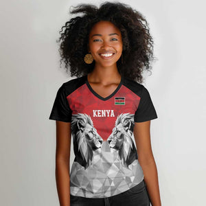 Custom Rugby Africa Kenya Women V-Neck T-Shirt Red Kenyan 22-23 Motif - African Pride