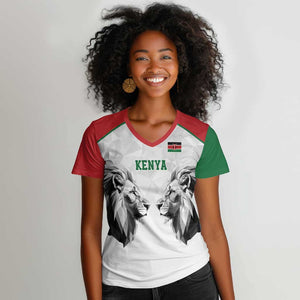 Custom Rugby Africa Kenya Women V-Neck T-Shirt White Kenyan 22-23 Motif - African Pride