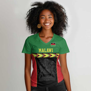 Custom Cricket Africa Malawi Women V-Neck T-Shirt Malawi Chevron Pattern - African Pride