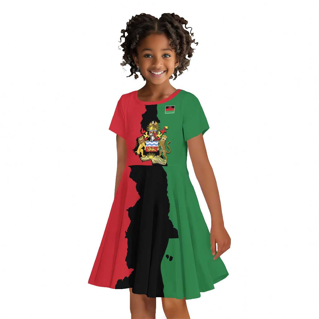 Malawi Flag Map Kid Short Sleeve Dress Simple Malawi Emblem Coat of Arms - African Pride
