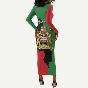 Malawi Flag Map Long Sleeve Bodycon Dress Simple Malawi Emblem Coat of Arms - African Pride
