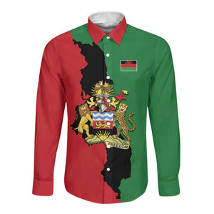 Malawi Flag Map Long Sleeve Button Shirt Simple Malawi Emblem Coat of Arms - African Pride