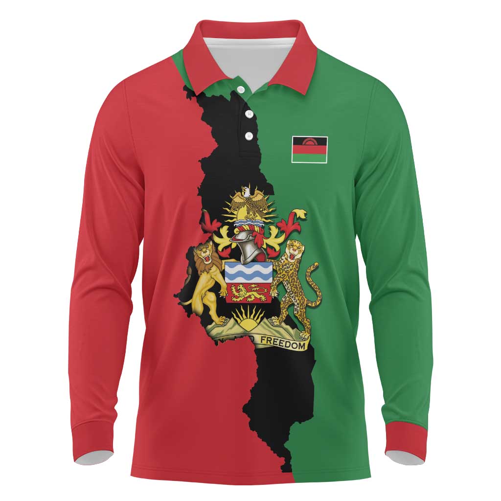 Malawi Flag Map Long Sleeve Polo Shirt Simple Malawi Emblem Coat of Arms - African Pride