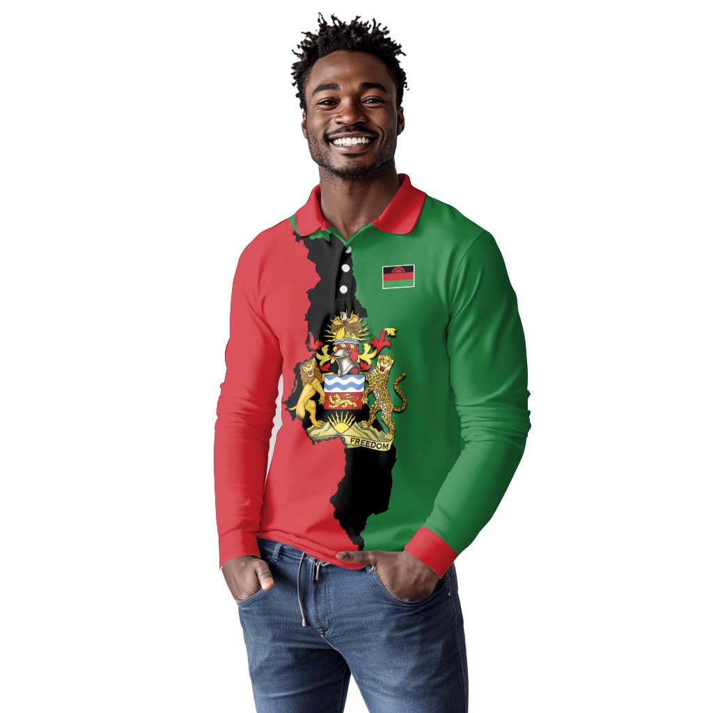 Malawi Flag Map Long Sleeve Polo Shirt Simple Malawi Emblem Coat of Arms - African Pride