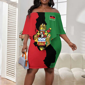 Malawi Flag Map Off Shoulder Short Dress Simple Malawi Emblem Coat of Arms - African Pride