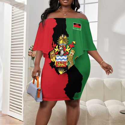 Malawi Flag Map Off Shoulder Short Dress Simple Malawi Emblem Coat of Arms - African Pride
