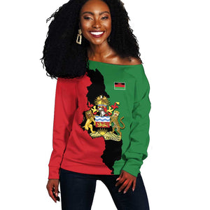 Malawi Flag Map Off Shoulder Sweater Simple Malawi Emblem Coat of Arms - African Pride