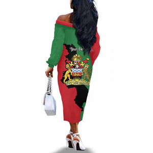 Malawi Flag Map Off The Shoulder Long Sleeve Dress Simple Malawi Emblem Coat of Arms - African Pride