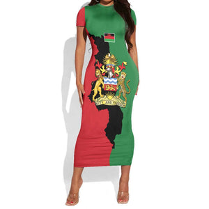 Malawi Flag Map Short Sleeve Bodycon Dress Simple Malawi Emblem Coat of Arms - African Pride