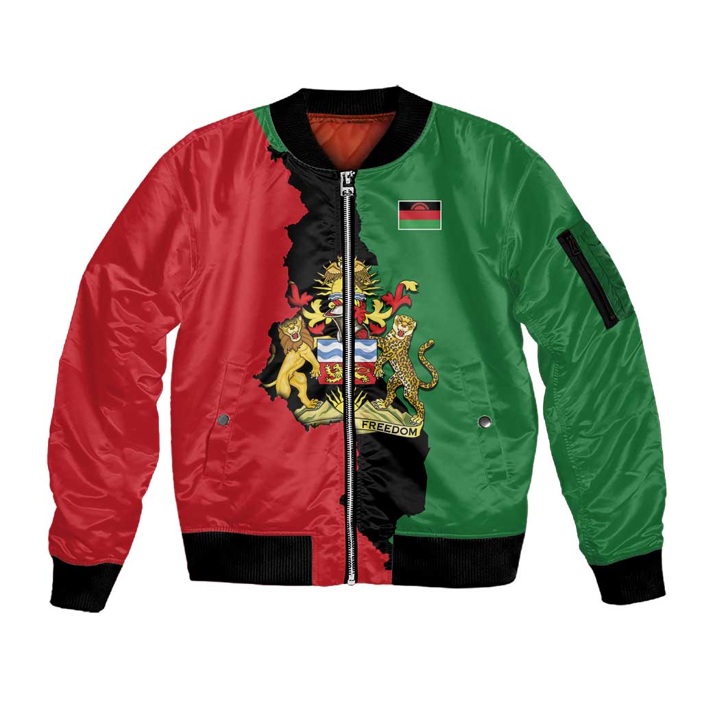 Malawi Flag Map Sleeve Zip Bomber Jacket Simple Malawi Emblem Coat of Arms - African Pride